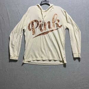 PINK Victoria's Secret Cream Rose Gold Sequin Logo Hoodie Large Cotton Pullover
